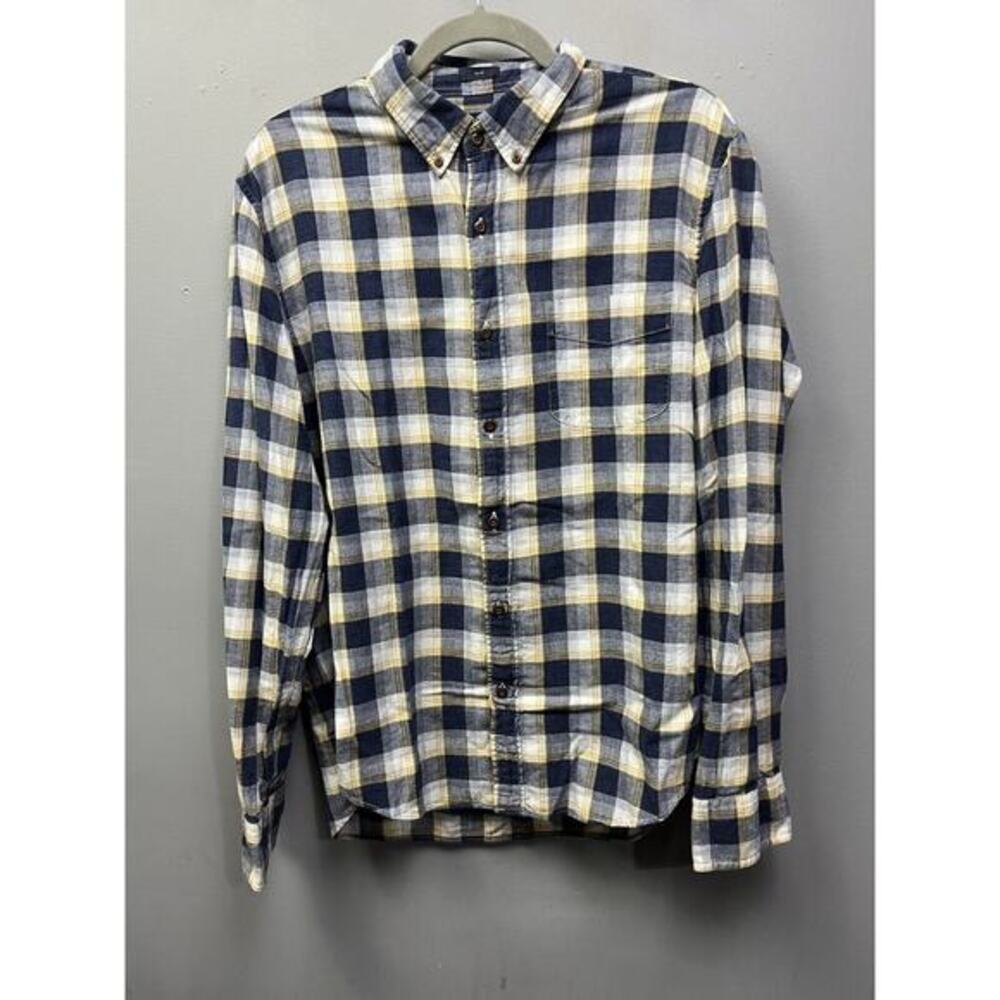 J Crew Shirt Mens Large Homespun Slim Fit Blue Yellow Plaid Long Sleeve Cotton